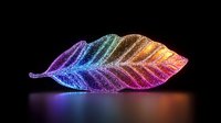Luminous leaf shape made of glowing particles in rainbow colors on black background with reflection, digital art visualization for modern design and decoration.