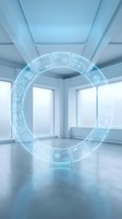 Futuristic holographic circular interface with glowing blue data panels floating in modern office space with large windows for technology presentations.