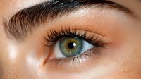 Close-up of green eye with long eyelashes, groomed eyebrow, and warm peach eyeshadow on light skin with subtle freckles.