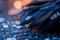 Black feather with number 666 on dark mystical background with bokeh lights and glitter, creating supernatural atmospheric mood. Perfect for gothic designs.