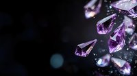 Purple crystal gems with water drops on dark background, luxury jewelry macro photography with bokeh effect and copy space for text placement.
