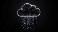 Digital cloud computing network with glowing particles and data streams on black background for technology presentations and web design concepts.