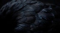 Dark black bird feathers with intricate texture and natural patterns creating dramatic shadows and highlights for nature photography backgrounds.