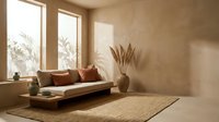 Minimalist living room with natural textures, warm earth tones, wooden furniture and pampas grass decor creating serene modern interior design atmosphere.
