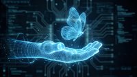 Digital transformation concept with glowing blue butterfly hovering above wireframe hand against circuit board background for technology presentations.