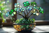 Decorative stained glass bonsai tree with shamrock-shaped leaves in mosaic pot, glowing with green and blue flowers against natural light.