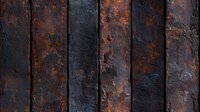Weathered metal surface with vertical stripes showing dark patina and orange rust texture. Industrial grunge background with natural corrosion patterns.