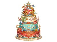 Ornate multi-tiered wedding cake with Asian-inspired design featuring golden dragon, pagoda topper, floral motifs, and decorative flags on white background. Ideal for celebration invitations and event design.