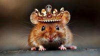 Cute hamster wearing golden crown with jewels, facing camera with whiskers visible against blurred background. Suitable for children's content, greeting cards, and whimsical designs.
