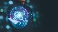 Businessman holding glowing digital sphere with atom and molecular structure symbols, representing science, technology, innovation, and research development in futuristic environment.