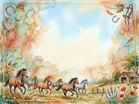 Watercolor illustration of horses running through pastoral countryside with autumn foliage border, wildflowers, and rustic farm buildings. Suitable for greeting cards, invitations, and seasonal designs.