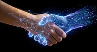 Human and AI handshake with digital network overlay representing technology partnership and artificial intelligence collaboration in business.