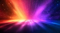 Vibrant rainbow light burst radiating from horizon point with colorful beams spreading across starry cosmic space background, creating dynamic energy effect.