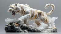 White marble tiger sculpture with golden stripes roaring on rocky base against gray background. Luxury decorative art piece for interior design projects.