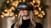 Young Caucasian woman wearing virtual reality headset against blurred Christmas lights background, experiencing immersive technology in black turtleneck sweater.