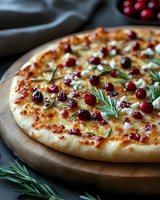 Gourmet pizza topped with fresh cranberries, herbs and cheese on wooden board. Artisan flatbread with seasonal toppings for holiday dining and festive meals.