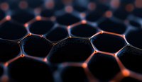 Glowing orange connections on dark hexagonal molecular structure create futuristic network pattern, illustrating nanotechnology and scientific concepts.