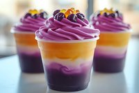 Colorful layered dessert cups with purple frosting swirls topped with berries, showcasing vibrant gradient layers for bakery and confectionery displays.