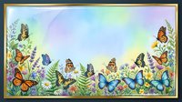 Colorful butterflies and wildflowers border frame with pastel rainbow background for spring summer nature designs and greeting cards.