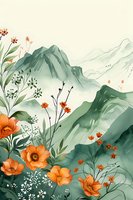 Delicate orange poppies and wildflowers bloom against misty green mountains in watercolor style, creating serene Asian-inspired landscape composition.
