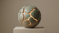 Cracked stone sphere with glowing golden light emanating from fissures, isolated on neutral background. Suitable for sci-fi, fantasy, game design, and digital art projects.