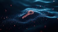 Glowing key symbol floating over abstract blue particle wave background with scattered light dots and bokeh effects in dark space. Digital security concept.