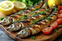 Grilled whole fish with herbs and vegetables on wooden board, fresh seafood dinner with lemon and tomatoes for healthy Mediterranean cuisine cooking.