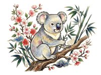 Cute koala sitting on branch surrounded by pink flowers and green bamboo leaves, isolated on white background for nursery decor, children's apparel, and design projects.