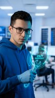Young Caucasian male IT specialist in blue hoodie and glasses holding holographic 24/7 support interface in modern tech office environment.