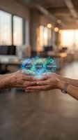 Hands holding holographic gears with adapt evolve transform text in modern office space representing business innovation and digital transformation strategy.