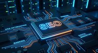Digital SEO processor chip with glowing circuit pathways and optimization keywords for search engine marketing technology concepts.
