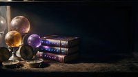 Mystical crystal balls and ancient spell books on wooden table create magical fortune telling scene for fantasy themes and esoteric practices.