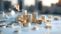 Stacked coins on financial chart background with stock market data, representing wealth growth, investment returns and economic prosperity.