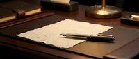Vintage fountain pen resting on aged parchment paper at wooden desk with antique books and brass lamp creating warm atmospheric writing scene.