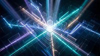 Futuristic digital energy burst with glowing neon light rays and electric circuits radiating from central core on dark background for tech designs.