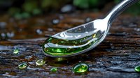 Green liquid medicine or essential oil drops on silver spoon against dark wooden background with water droplets creating natural healing atmosphere.