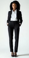 Young African American businesswoman wearing classic black suit and white shirt standing confidently against light background, professional corporate portrait.