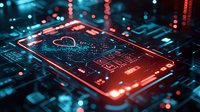 Digital health monitoring concept with glowing heart symbol on futuristic medical interface display, surrounded by circuit patterns and data visualization elements.