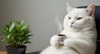 White fluffy cat holding coffee cup sitting at desk with potted plant, relaxed office setting for workplace humor and pet lifestyle content.