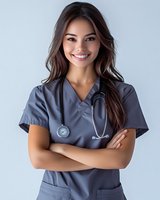 Young Hispanic female healthcare professional in gray scrubs with stethoscope smiling confidently with arms crossed against light background.