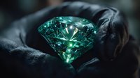 Sparkling emerald diamond held in black gloved hand, showcasing brilliant facets and luxurious green hue in dramatic lighting for jewelry advertising.