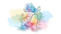 Tender mother holding newborn baby in continuous line art style with soft watercolor rainbow background and delicate floral elements for motherhood designs.