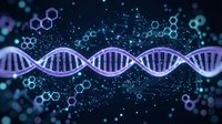 DNA double helix structure with glowing molecules and digital particles on dark background, representing genetic research, biotechnology, and scientific innovation.