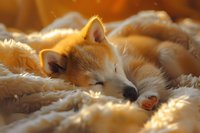 Sleeping ginger Shiba Inu puppy nestled in soft cream-colored blanket, warm golden lighting creates cozy atmosphere, close-up view shows peaceful expression.