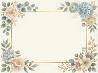 Vintage floral frame with roses, hydrangeas, and eucalyptus on cream background. Gold border design for wedding invitations, greeting cards, and stationery templates.