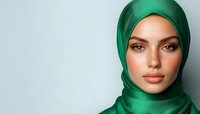 Young woman wearing emerald green hijab against light background, natural makeup with glossy lips and defined brows showcases modern modest fashion style.