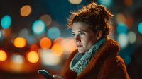 Young woman with curly hair wearing cozy sweater and scarf looking at smartphone in urban night setting with colorful bokeh lights background.