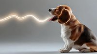 Curious beagle puppy interacting with glowing light trail against gray background, side view of dog with extended tongue following luminous path. For advertising.