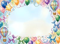 Watercolor party frame with colorful balloons, hot air balloons, balloon animals and stars on white background for celebration invitations and cards.