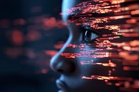 Futuristic profile of African American woman with glowing digital data streams across face in dark setting, representing artificial intelligence and technology.